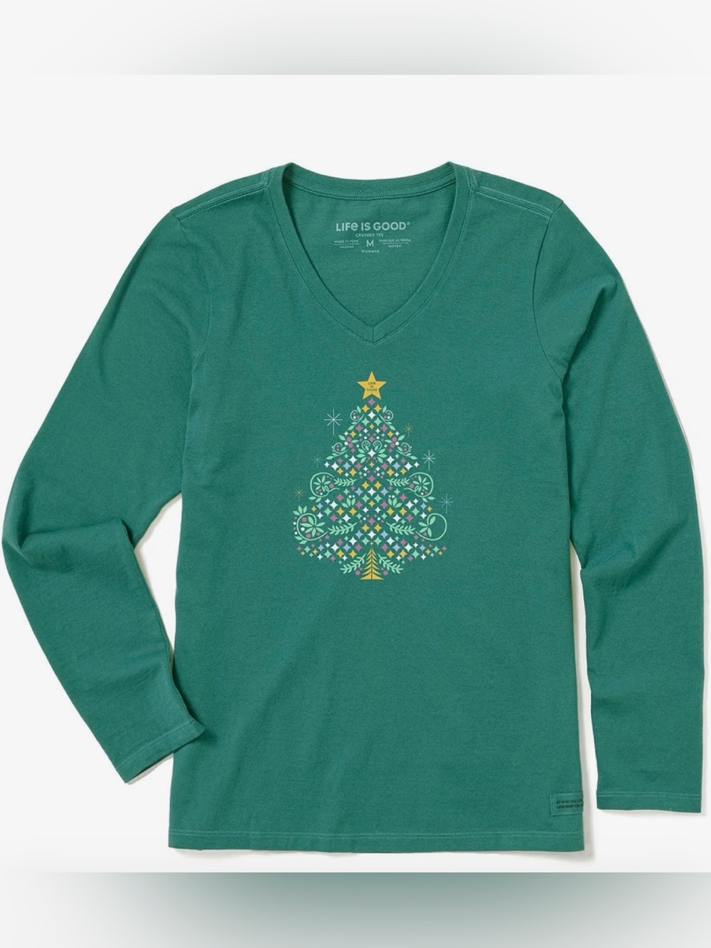Life Is Good V-Neck T-Shirt Sparkling Christmas Tree S Cotton Green long Sleeve